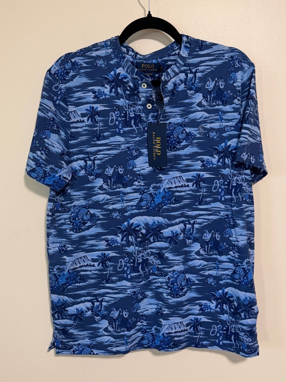NWT Polo Ralph Lauren featherweight mesh blue hawaiian aloha collarless polo S